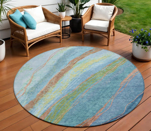 HomeRoots 8' Vibrant Blue Copper Green Round Abstract Rug - Stylish, Washable & Durable for Indoor/Outdoor Use 629909