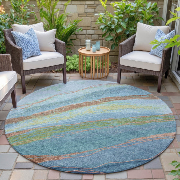 HomeRoots 8' Vibrant Blue Copper Green Round Abstract Rug - Stylish, Washable & Durable for Indoor/Outdoor Use 629909