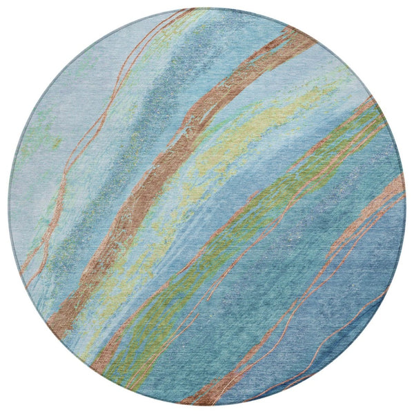 HomeRoots 8' Vibrant Blue Copper Green Round Abstract Rug - Stylish, Washable & Durable for Indoor/Outdoor Use 629909