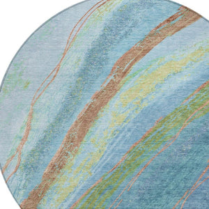 HomeRoots 8' Vibrant Blue Copper Green Round Abstract Rug - Stylish, Washable & Durable for Indoor/Outdoor Use 629909