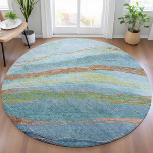 HomeRoots 8' Vibrant Blue Copper Green Round Abstract Rug - Stylish, Washable & Durable for Indoor/Outdoor Use 629909