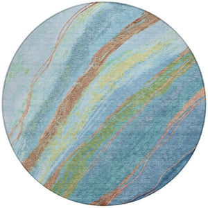 HomeRoots 8' Vibrant Blue Copper Green Round Abstract Rug - Stylish, Washable & Durable for Indoor/Outdoor Use 629909