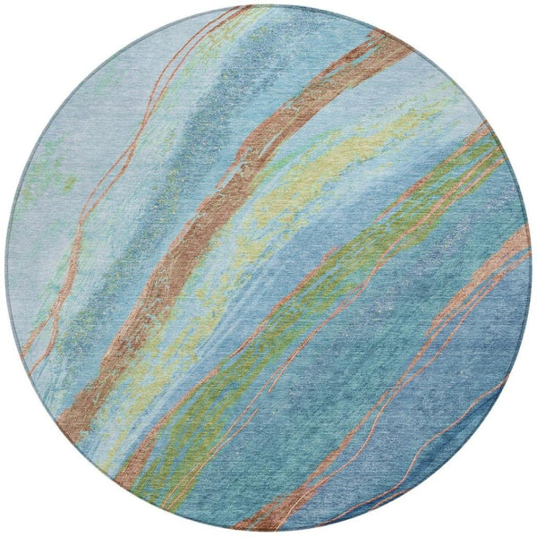 HomeRoots 8' Vibrant Blue Copper Green Round Abstract Rug - Stylish, Washable & Durable for Indoor/Outdoor Use 629909