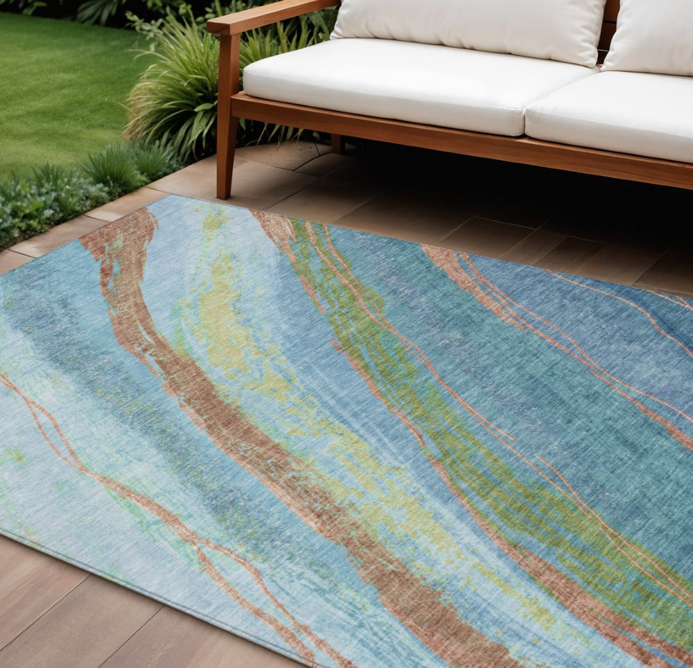 HomeRoots 8' X 10' Abstract Area Rug in Blue, Copper & Green – Stylish, Washable & Durable for Indoor/Outdoor Use 629910