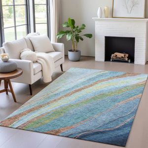 HomeRoots 8' X 10' Abstract Area Rug in Blue, Copper & Green – Stylish, Washable & Durable for Indoor/Outdoor Use 629910