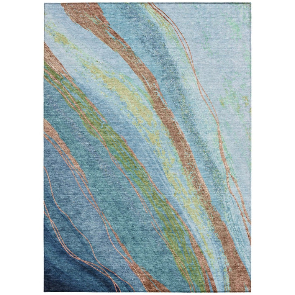 HomeRoots 9' X 12' Abstract Washable Rug - Vibrant Blue, Copper & Green Design for Indoor & Outdoor Spaces 629911
