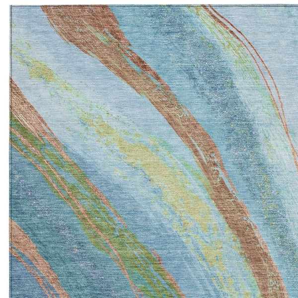 HomeRoots 9' X 12' Abstract Washable Rug - Vibrant Blue, Copper & Green Design for Indoor & Outdoor Spaces 629911