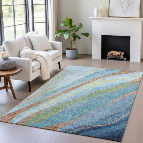 HomeRoots 9' X 12' Abstract Washable Rug - Vibrant Blue, Copper & Green Design for Indoor & Outdoor Spaces 629911