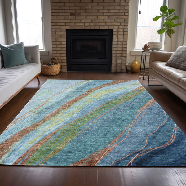 HomeRoots 10' X 14' Vibrant Blue Copper Green Abstract Washable Area Rug for Indoor & Outdoor Elegance 629912