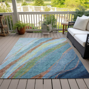 HomeRoots 10' X 14' Vibrant Blue Copper Green Abstract Washable Area Rug for Indoor & Outdoor Elegance 629912