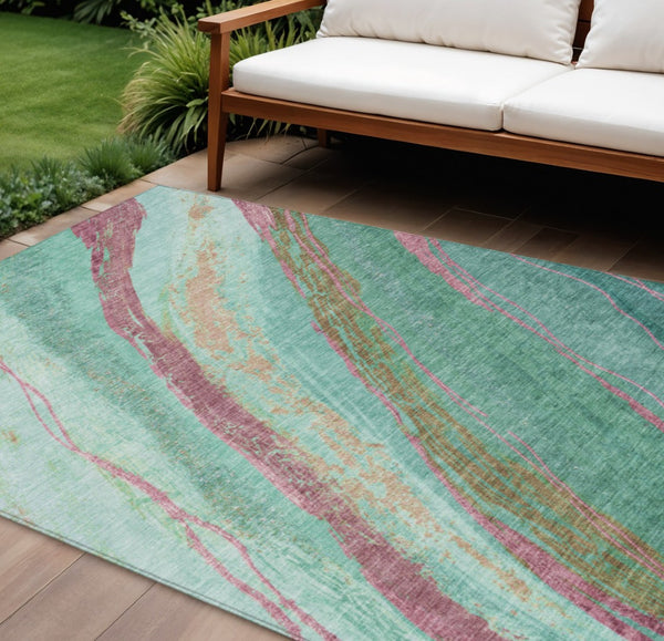 HomeRoots 5' X 8' Abstract Green, Blush, and Peach Washable Area Rug for Indoor & Outdoor Spaces, Durable & Stylish 629914