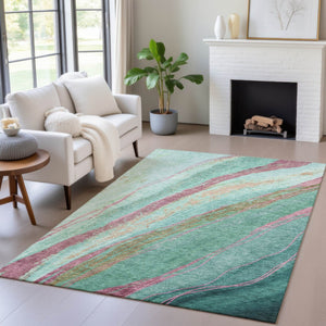 HomeRoots 5' X 8' Abstract Green, Blush, and Peach Washable Area Rug for Indoor & Outdoor Spaces, Durable & Stylish 629914