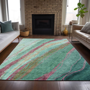 HomeRoots 5' X 8' Abstract Green, Blush, and Peach Washable Area Rug for Indoor & Outdoor Spaces, Durable & Stylish 629914