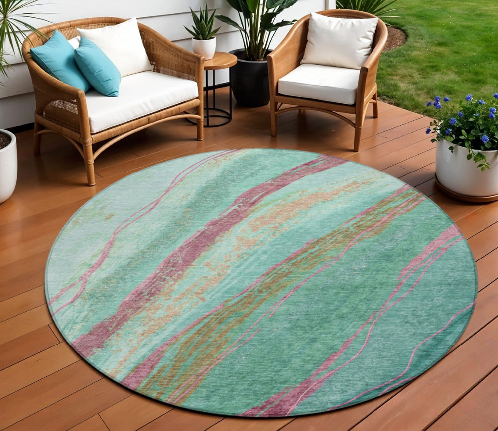 HomeRoots 8' Round Abstract Area Rug in Green, Blush & Peach – Stylish, Washable & Durable for Indoor/Outdoor Use 629915