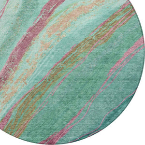 HomeRoots 8' Round Abstract Area Rug in Green, Blush & Peach – Stylish, Washable & Durable for Indoor/Outdoor Use 629915