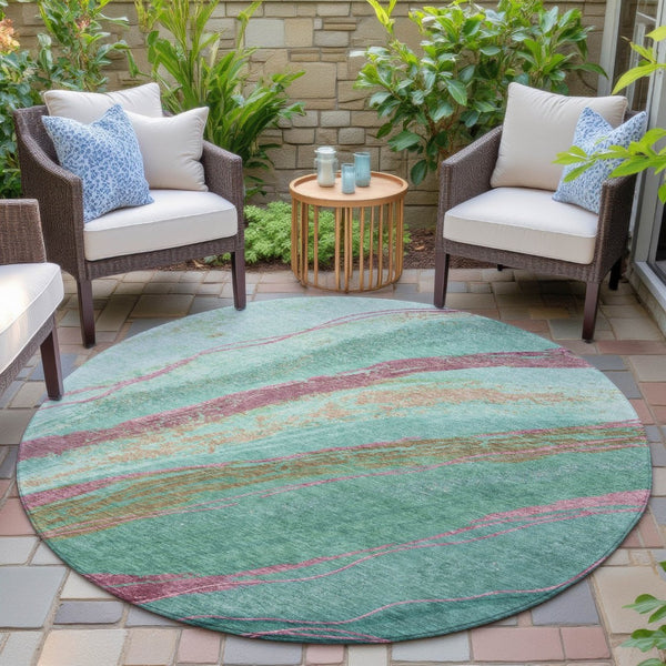 HomeRoots 8' Round Abstract Area Rug in Green, Blush & Peach – Stylish, Washable & Durable for Indoor/Outdoor Use 629915