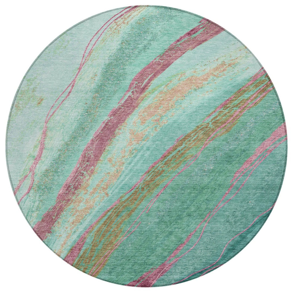 HomeRoots 8' Round Abstract Area Rug in Green, Blush & Peach – Stylish, Washable & Durable for Indoor/Outdoor Use 629915