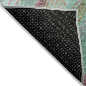 HomeRoots 8' Round Abstract Area Rug in Green, Blush & Peach – Stylish, Washable & Durable for Indoor/Outdoor Use 629915