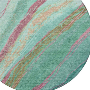 HomeRoots 8' Round Abstract Area Rug in Green, Blush & Peach – Stylish, Washable & Durable for Indoor/Outdoor Use 629915