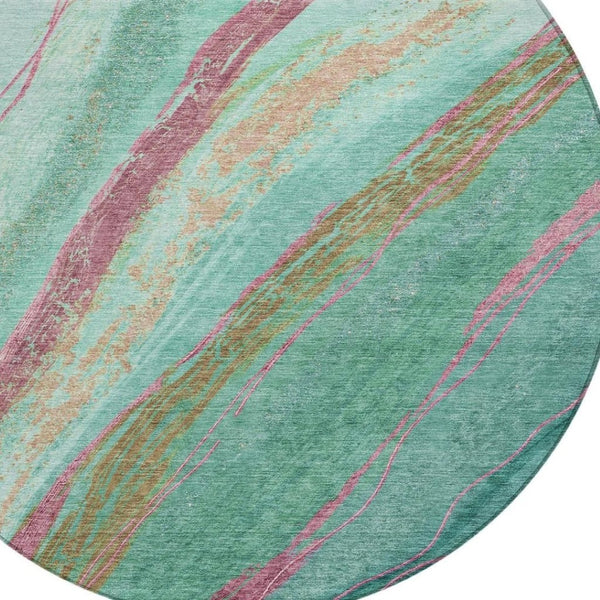 HomeRoots 8' Round Abstract Area Rug in Green, Blush & Peach – Stylish, Washable & Durable for Indoor/Outdoor Use 629915