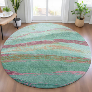 HomeRoots 8' Round Abstract Area Rug in Green, Blush & Peach – Stylish, Washable & Durable for Indoor/Outdoor Use 629915