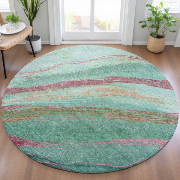 HomeRoots 8' Round Abstract Area Rug in Green, Blush & Peach – Stylish, Washable & Durable for Indoor/Outdoor Use 629915