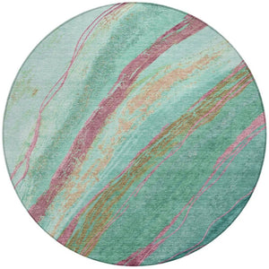 HomeRoots 8' Round Abstract Area Rug in Green, Blush & Peach – Stylish, Washable & Durable for Indoor/Outdoor Use 629915