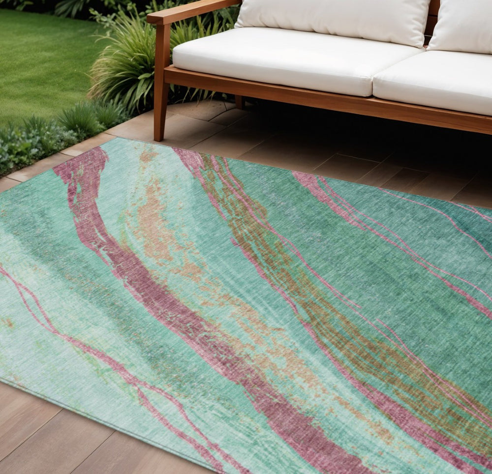 HomeRoots 8' X 10' Abstract Green, Blush & Peach Washable Area Rug – Stylish Indoor/Outdoor Decor Solution! 629916