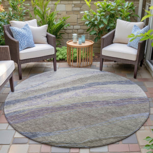 HomeRoots 8' Modern Round Abstract Area Rug in Brown, Taupe & Purple - Washable for Indoor/Outdoor Use! 629921