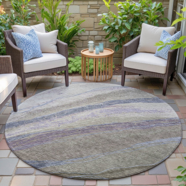 HomeRoots 8' Modern Round Abstract Area Rug in Brown, Taupe & Purple - Washable for Indoor/Outdoor Use! 629921