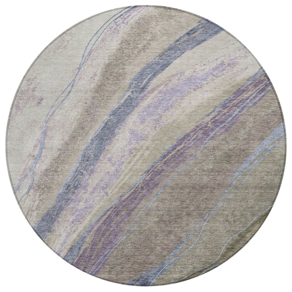 HomeRoots 8' Modern Round Abstract Area Rug in Brown, Taupe & Purple - Washable for Indoor/Outdoor Use! 629921