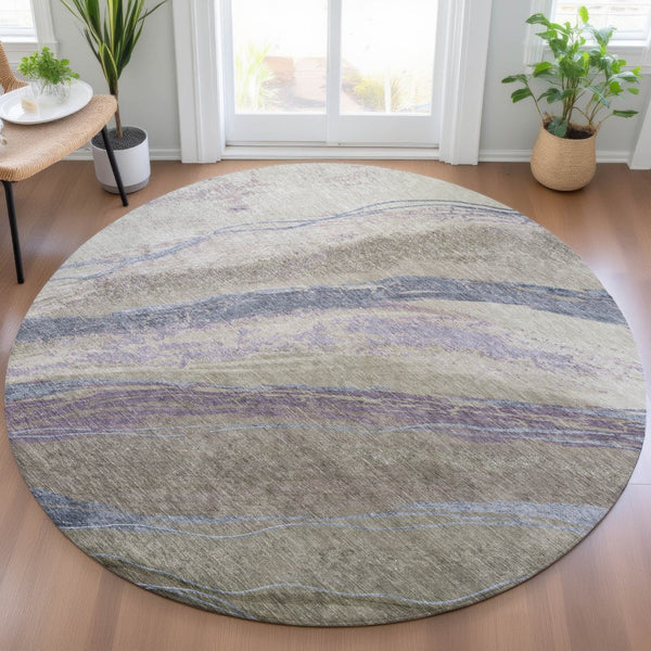 HomeRoots 8' Modern Round Abstract Area Rug in Brown, Taupe & Purple - Washable for Indoor/Outdoor Use! 629921