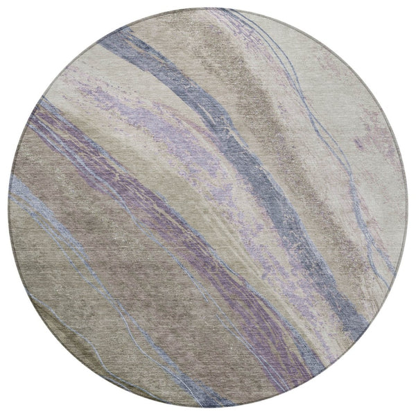 HomeRoots 8' Modern Round Abstract Area Rug in Brown, Taupe & Purple - Washable for Indoor/Outdoor Use! 629921