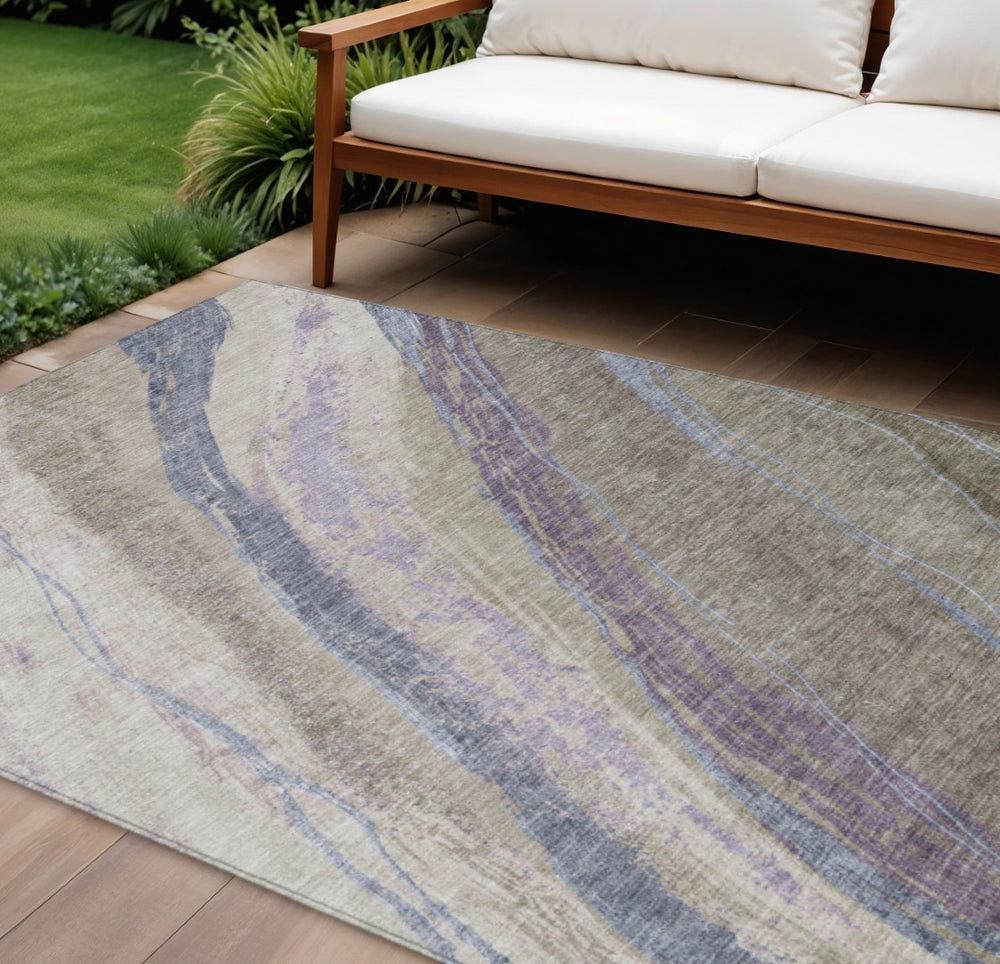 HomeRoots 10' Durable Brown Taupe & Purple Abstract Washable Area Rug for Indoor/Outdoor Spaces, Modern Style 629924