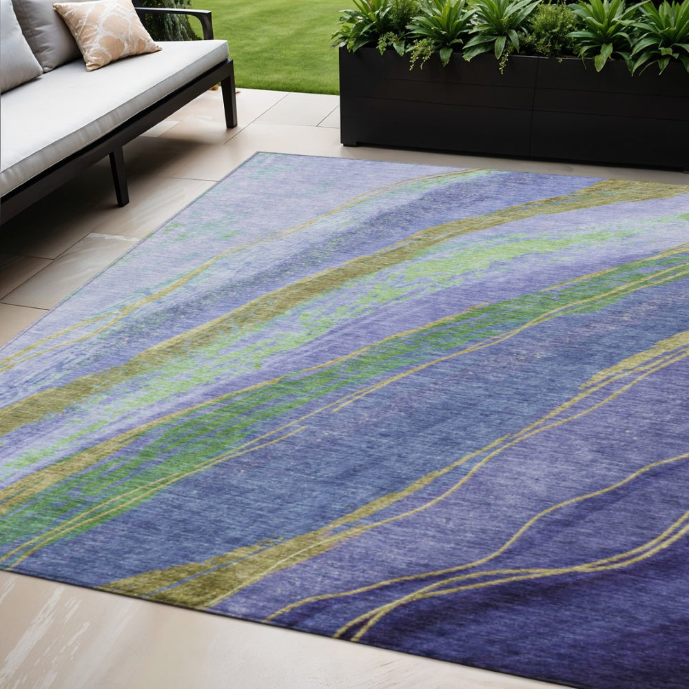 HomeRoots 5' Abstract Area Rug in Purple, Green & Gold – Washable Indoor/Outdoor Design for Modern Spaces 629926