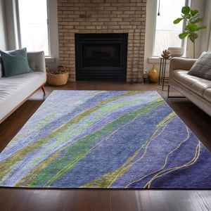 HomeRoots 5' Abstract Area Rug in Purple, Green & Gold – Washable Indoor/Outdoor Design for Modern Spaces 629926