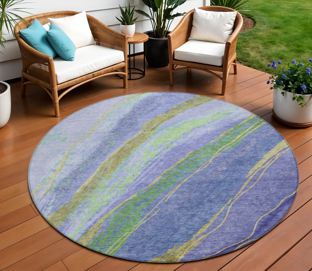 HomeRoots 8' Vibrant Purple, Green & Gold Round Abstract Washable Area Rug for Indoor & Outdoor Spaces 629927