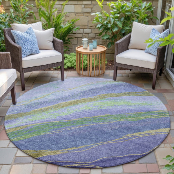 HomeRoots 8' Vibrant Purple, Green & Gold Round Abstract Washable Area Rug for Indoor & Outdoor Spaces 629927