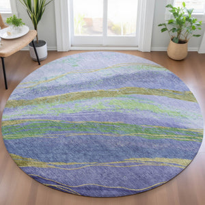 HomeRoots 8' Vibrant Purple, Green & Gold Round Abstract Washable Area Rug for Indoor & Outdoor Spaces 629927