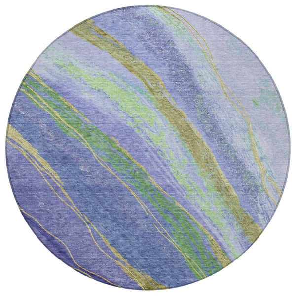 HomeRoots 8' Vibrant Purple, Green & Gold Round Abstract Washable Area Rug for Indoor & Outdoor Spaces 629927