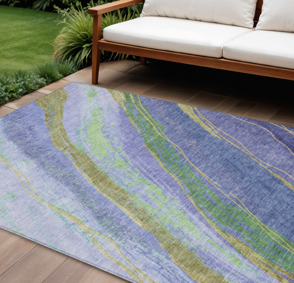 HomeRoots 10' Vibrant Purple, Green & Gold Abstract Washable Area Rug – Stylish Indoor/Outdoor Durability! 629930