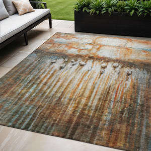 HomeRoots 5' Stylish Rust Gray and Blue Abstract Area Rug - Washable, Durable, Indoor/Outdoor, Pet-Friendly! 629932