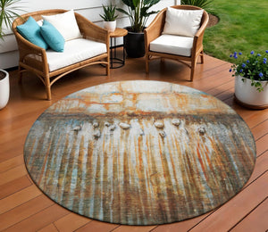 HomeRoots 8' Round Abstract Area Rug in Rust, Gray & Blue - Washable, Durable, Perfect for Indoor & Outdoor Use! 629933