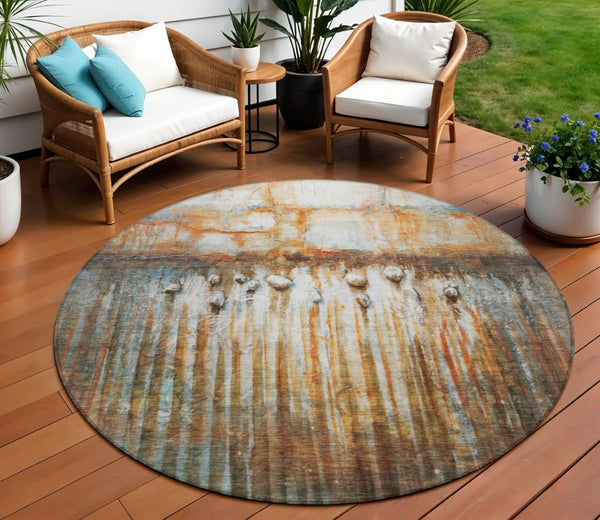 HomeRoots 8' Round Abstract Area Rug in Rust, Gray & Blue - Washable, Durable, Perfect for Indoor & Outdoor Use! 629933