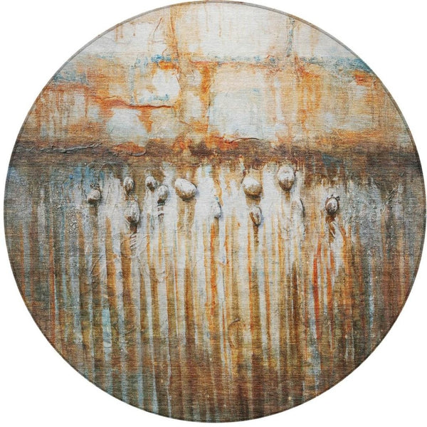 HomeRoots 8' Round Abstract Area Rug in Rust, Gray & Blue - Washable, Durable, Perfect for Indoor & Outdoor Use! 629933