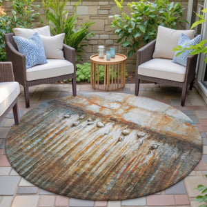 HomeRoots 8' Round Abstract Area Rug in Rust, Gray & Blue - Washable, Durable, Perfect for Indoor & Outdoor Use! 629933