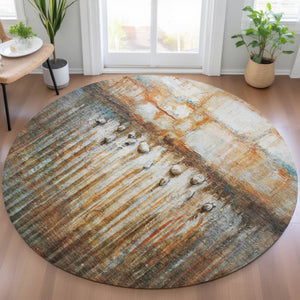 HomeRoots 8' Round Abstract Area Rug in Rust, Gray & Blue - Washable, Durable, Perfect for Indoor & Outdoor Use! 629933