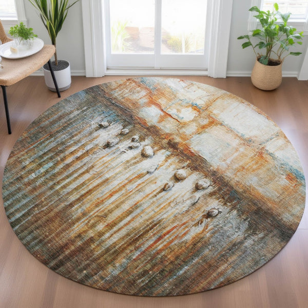 HomeRoots 8' Round Abstract Area Rug in Rust, Gray & Blue - Washable, Durable, Perfect for Indoor & Outdoor Use! 629933