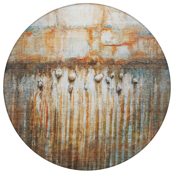 HomeRoots 8' Round Abstract Area Rug in Rust, Gray & Blue - Washable, Durable, Perfect for Indoor & Outdoor Use! 629933