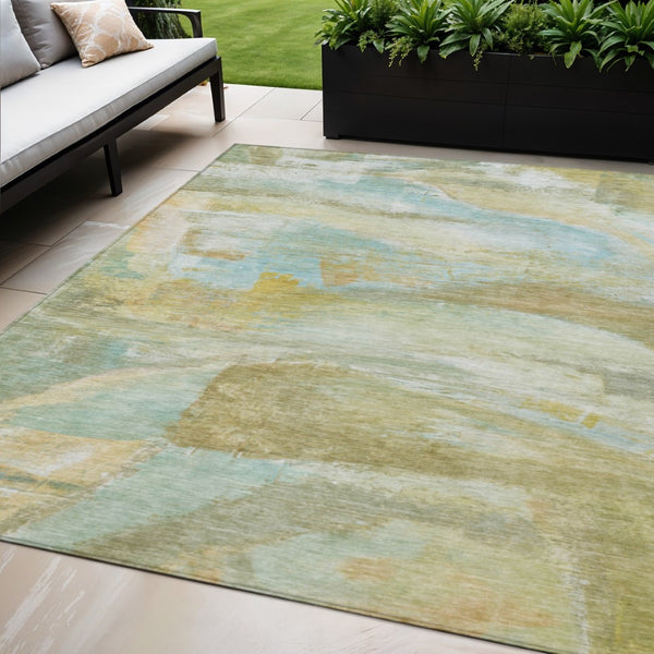 HomeRoots 5' X 8' Abstract Washable Indoor Outdoor Area Rug in Beige, Sky Blue & Ivory for Modern Spaces 629938